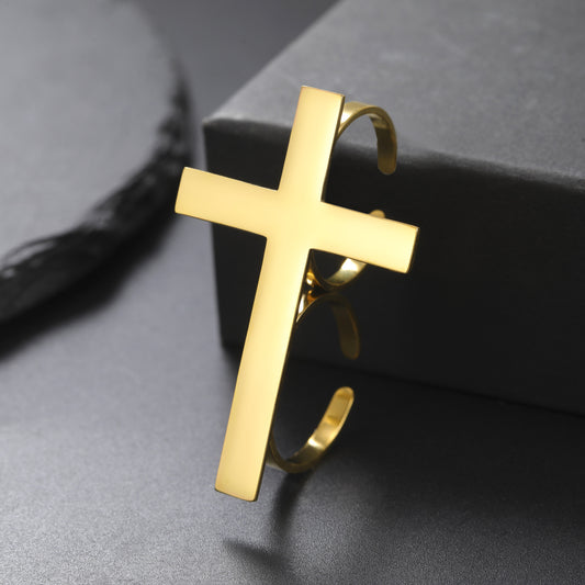 Women's & Men's Finger Cross Large Stainless Steel Open Rings