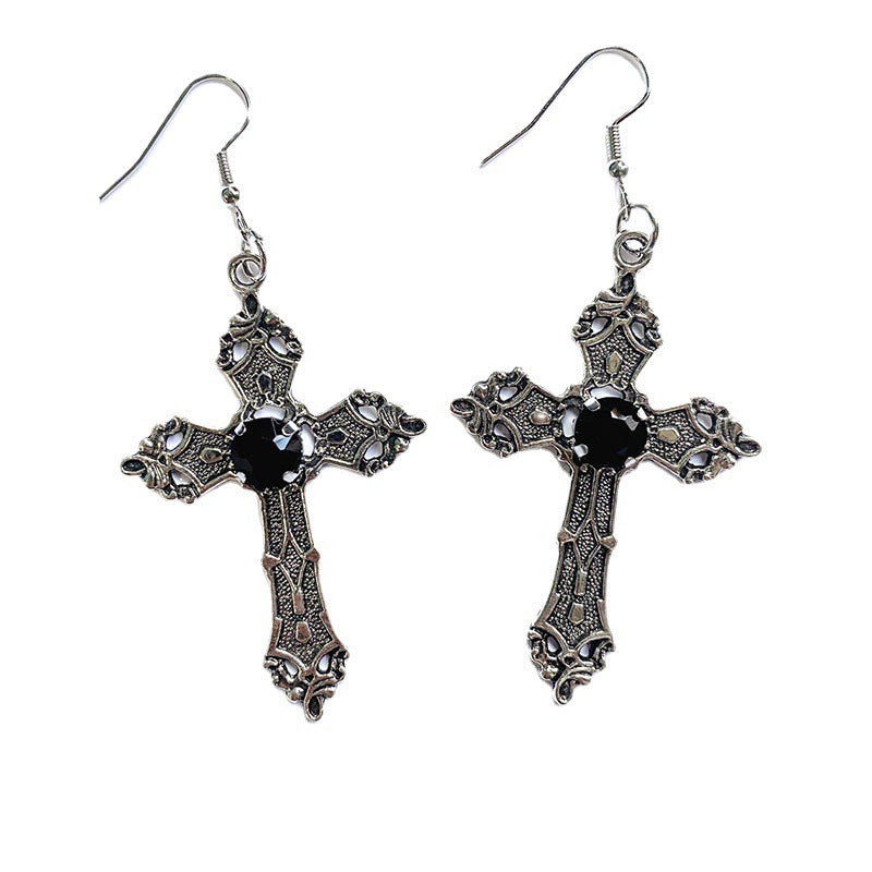 Boucles d'oreilles pendantes en strass avec croix imprimée de fleurs créatives