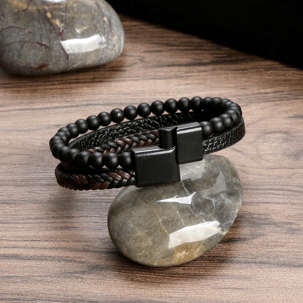 Men's Natural Stone Obsidian Magnetic Buckle Leather Bracelets