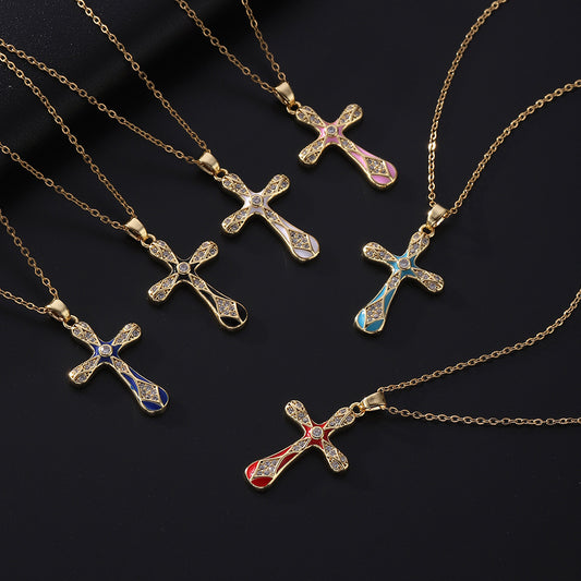 Dripping Zircon Cross Pendant Temperament Wild Micro Inlaid Gold Necklaces