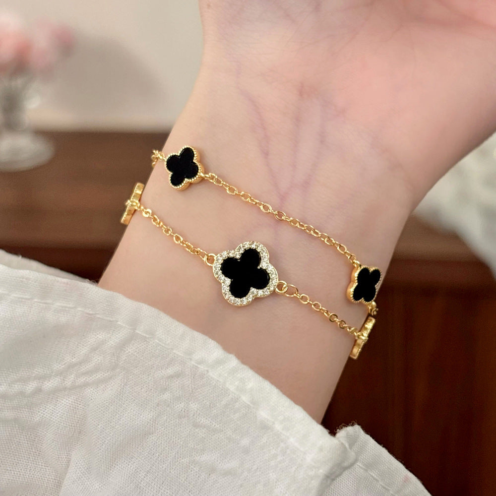 Style Light Luxury High-grade Versatile Micro Inlaid Zircon Four-leaf Flower Bracelets