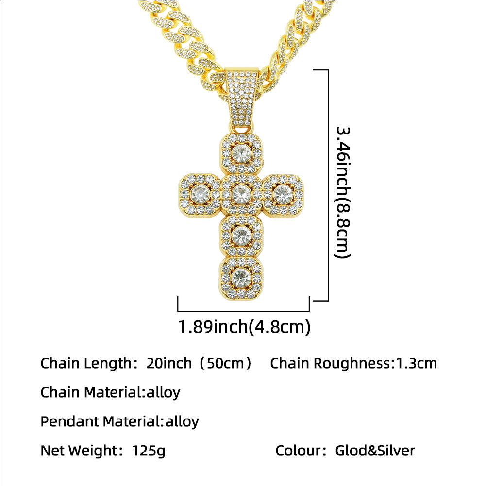 Men's Hop Full Diamond Cross Pendant Cuban Link Chain Necklaces