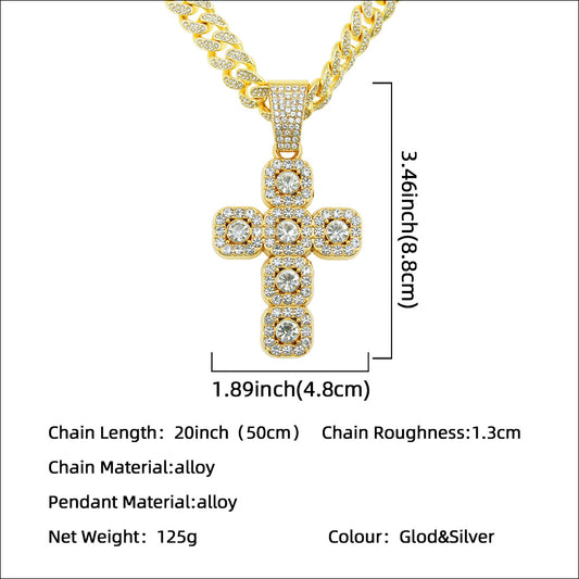 Men's Hop Full Diamond Cross Pendant Cuban Link Chain Necklaces