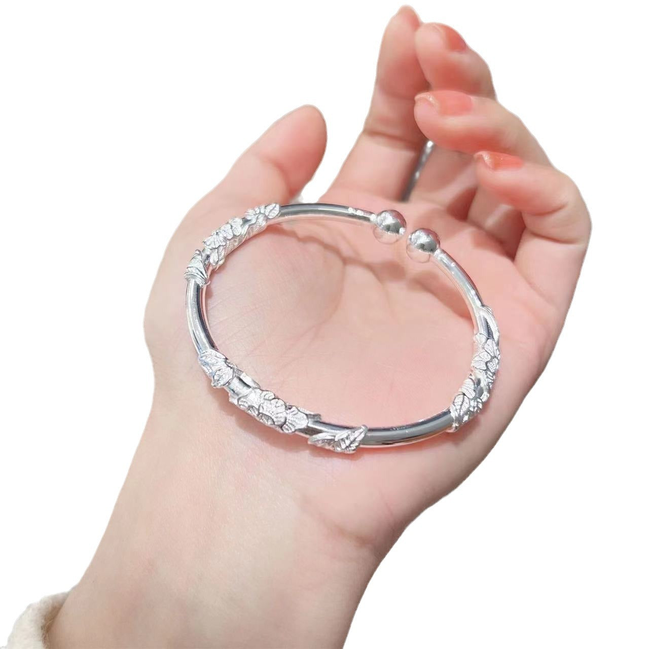 Silken Luxury Sier National Style Ethnic Filigree Couple Beads Open Bracelets