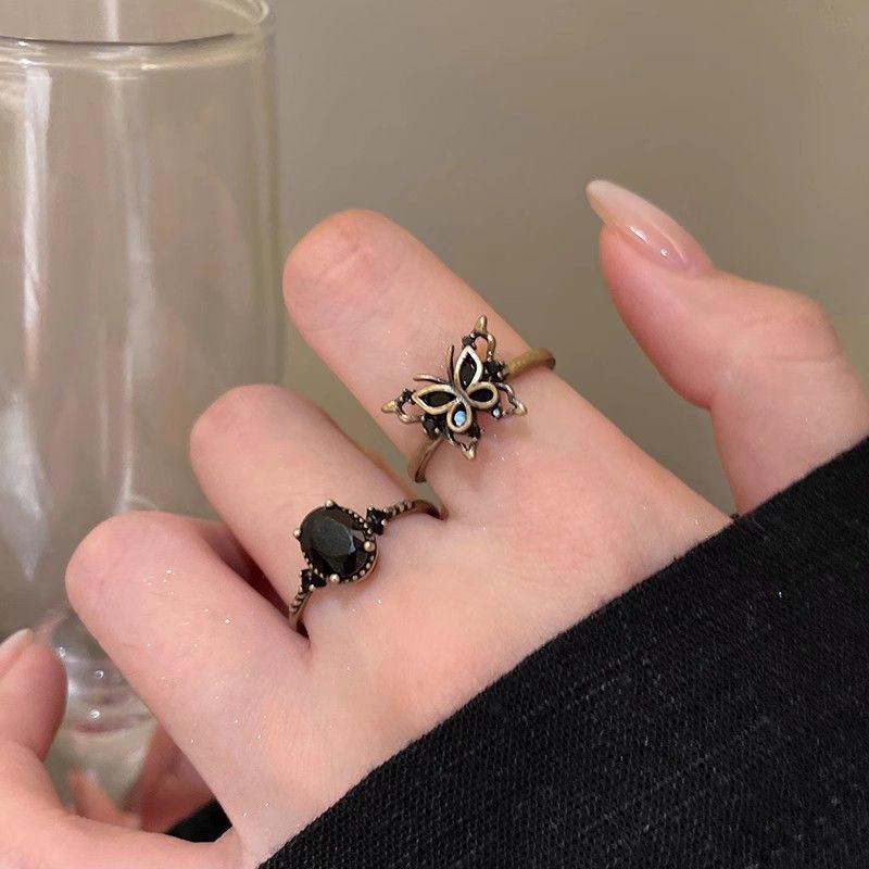 Women's Dark Distressed Butterfly Open-end Adjustable For Trendy Design Personalized Index Ring