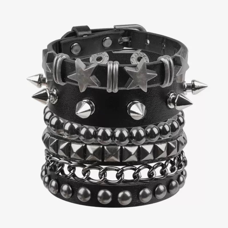 Punk Exaggerated Tapered Pointed Rivet Three Rows Leather Bracelets