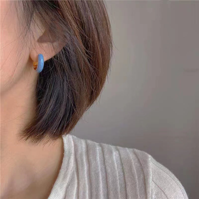 French Retro Haze Blue Dripping Enamel Minority Simple Ear Earrings