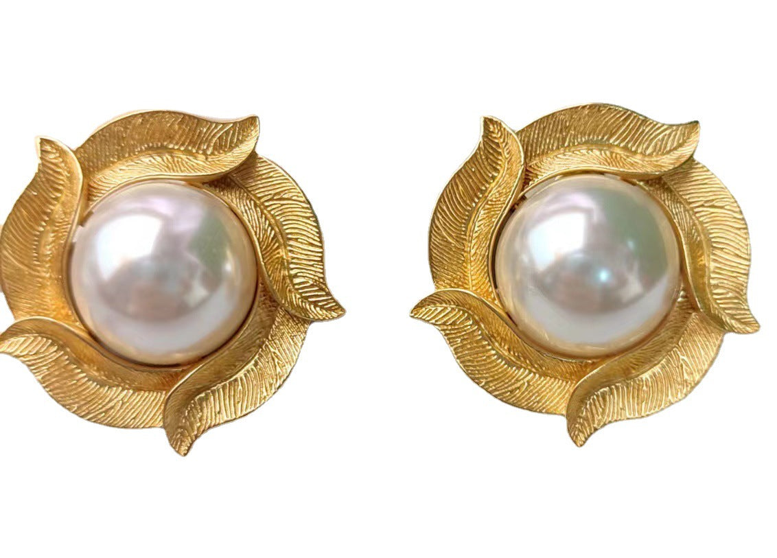 French Style Half-faced Pearl Sun Flower Earrings