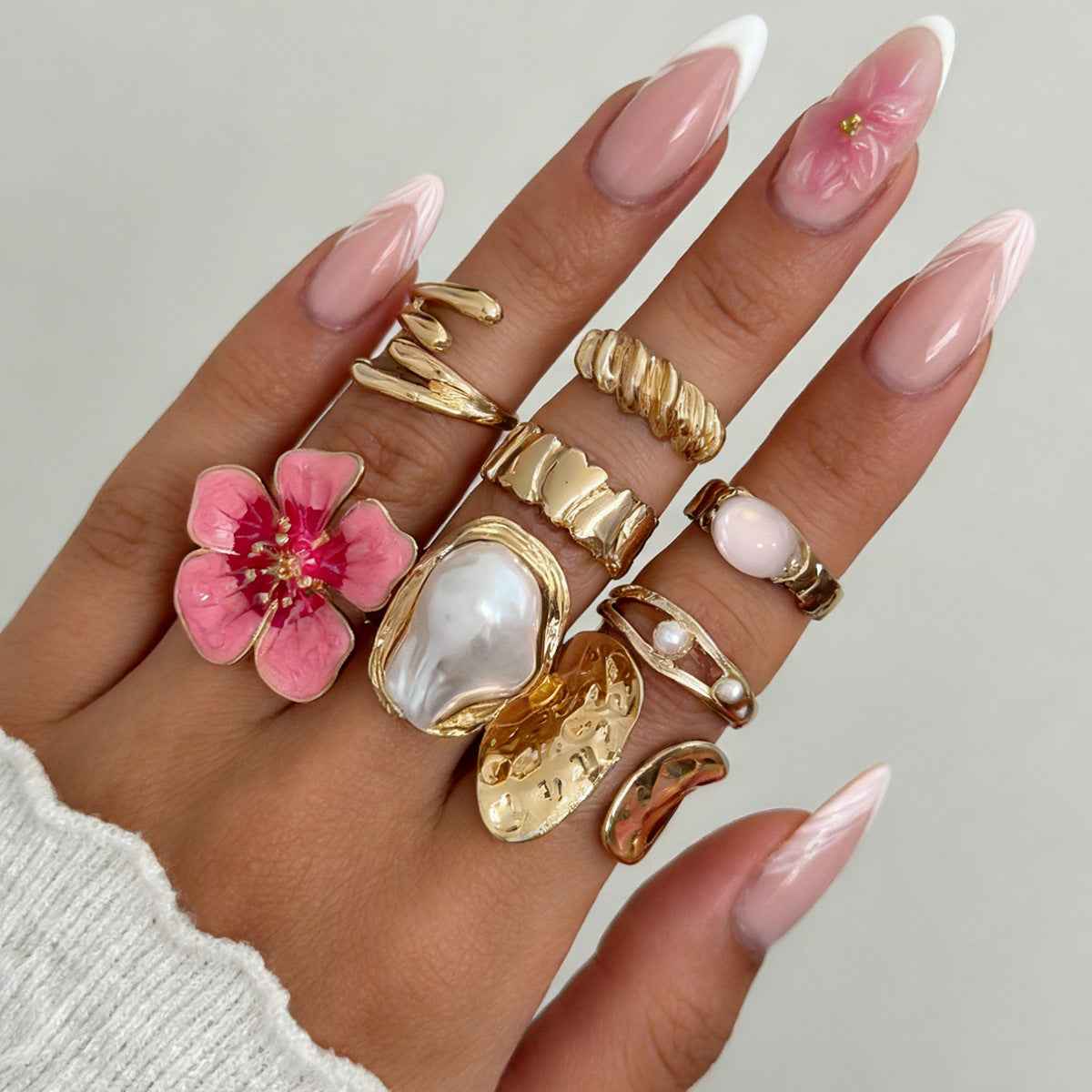 Simulation Glaze Flowers Twin Baroque Pearl Twisted Ring