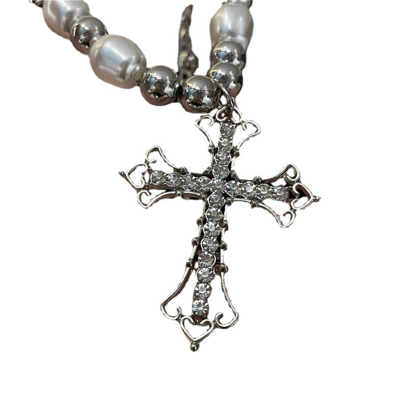 Retro Pearl Punk Simple Sweet Cool Dark Cross Necklace