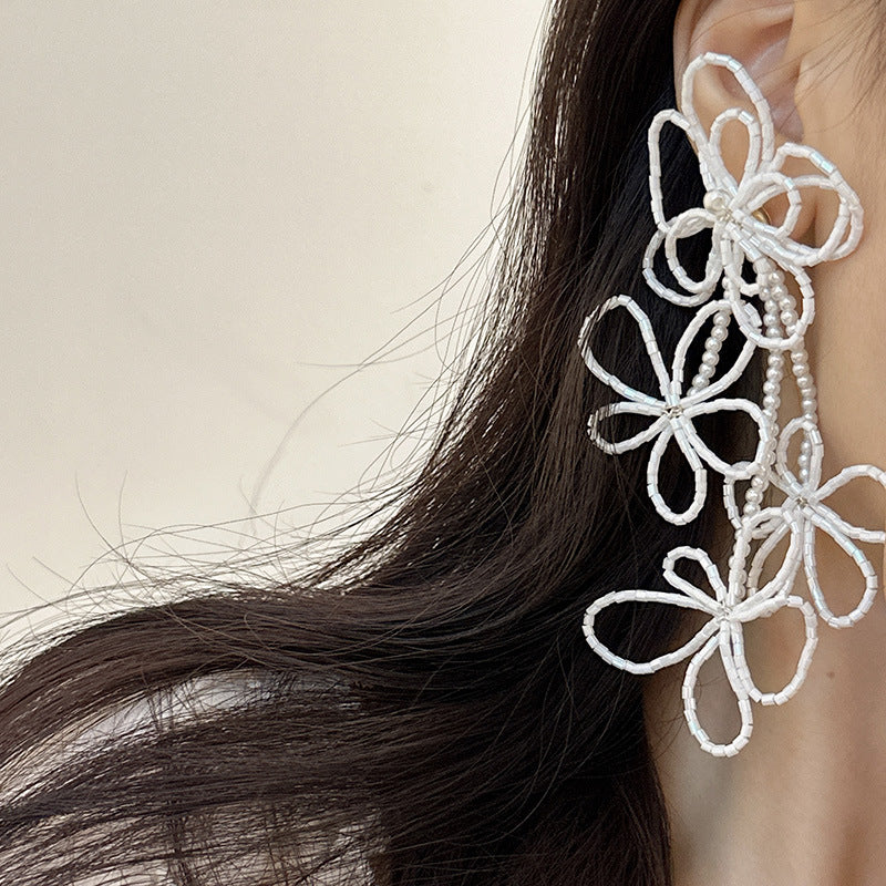 Women's Beaded Hollow Flower Formal Dress Accessories Exaggerated High Earrings