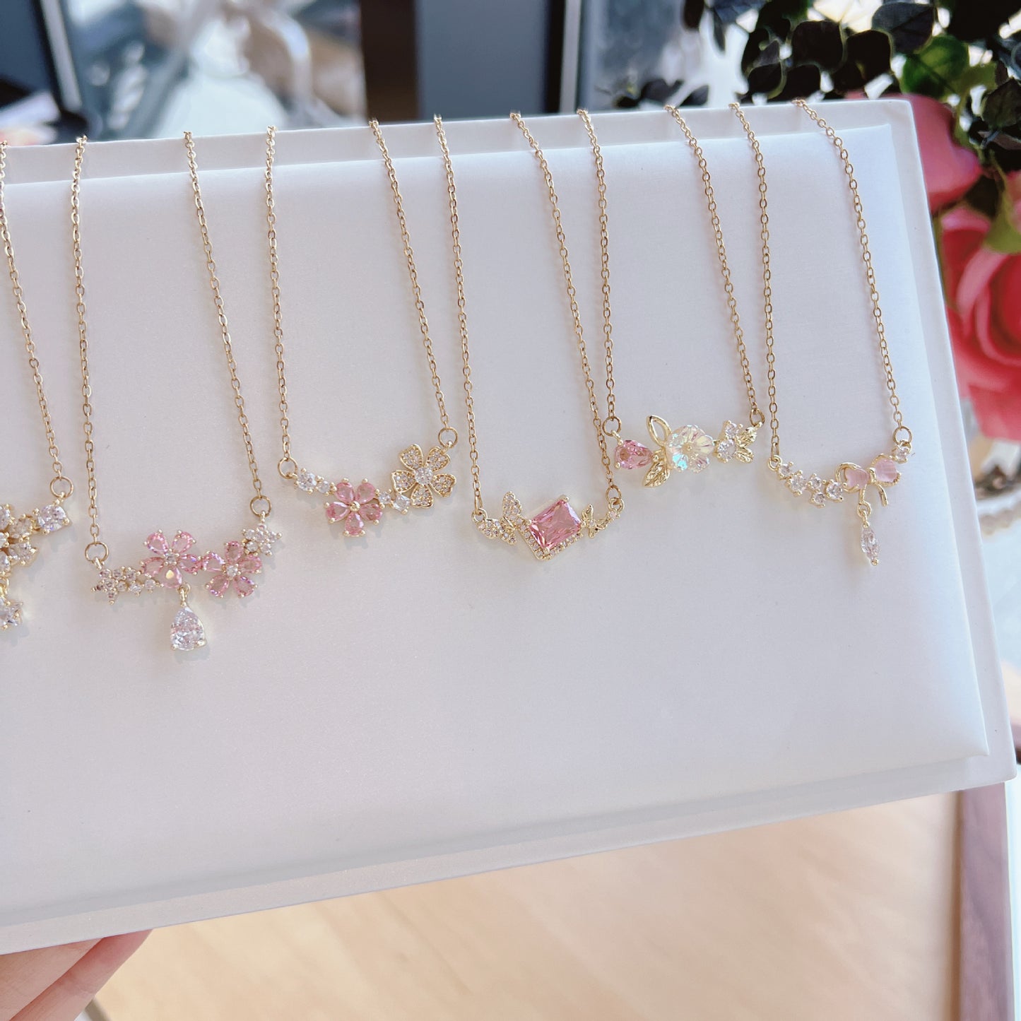 Luxury Sweet Super Pink Flowers Water Drop Female Fully Jeweled Necklace