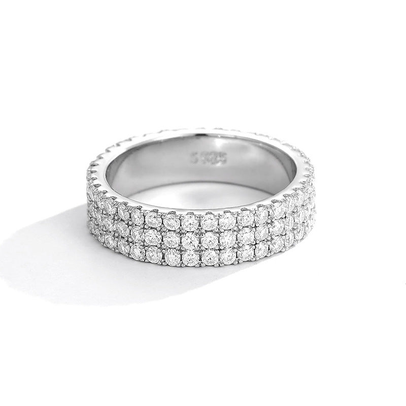 Sier Two Rows Couple Full Diamond Three-row Rings