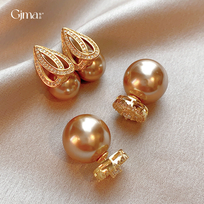 Plated Sier Needle Zircon Flower Champagne Pearl Fashionable Earrings