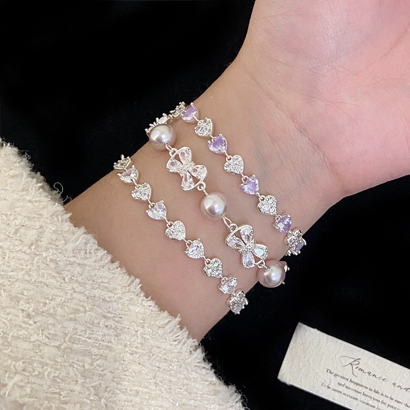 Women's Pearl Full Zirconium Bow Love Pull Exquisite Design Bracelet