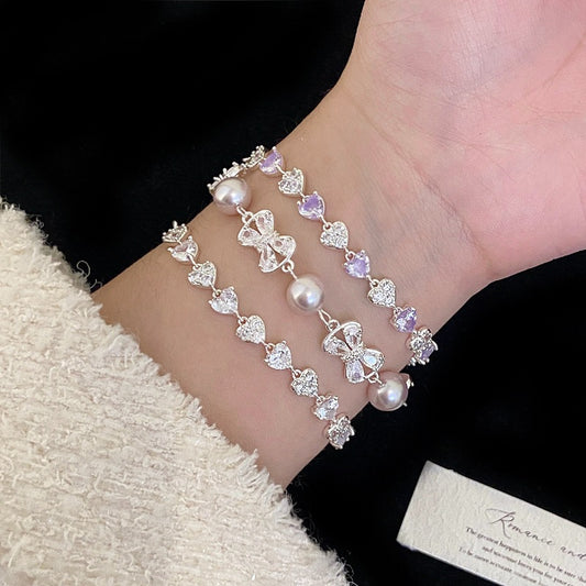 Women's Pearl Full Zirconium Bow Love Pull Exquisite Design Bracelet