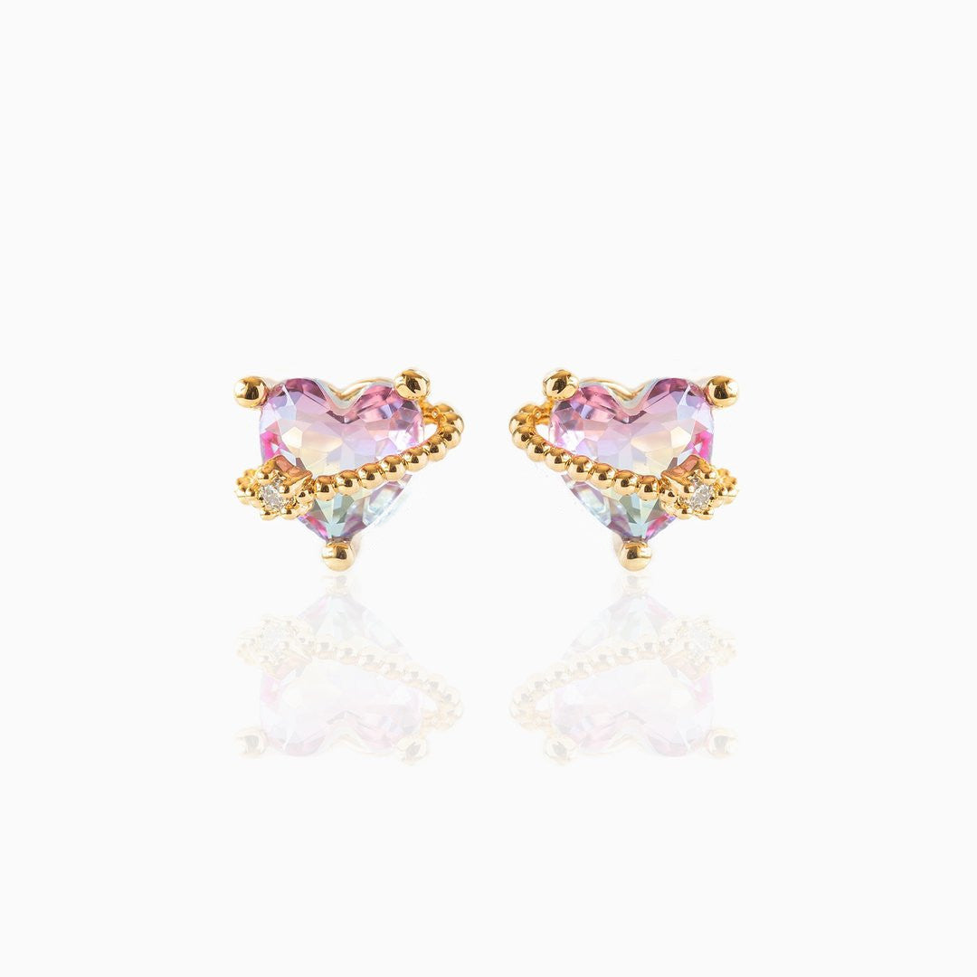 Pink Peach Heart Copper Plated Real Gold Color Stud Earrings