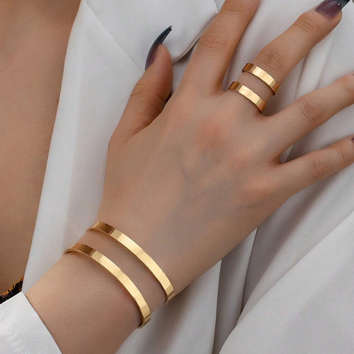 Simple Gold Double Layer Glossy Bangle Sier Open Rings