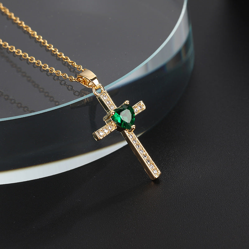 Color Zircon Cross Sweater Chain Advanced Necklaces