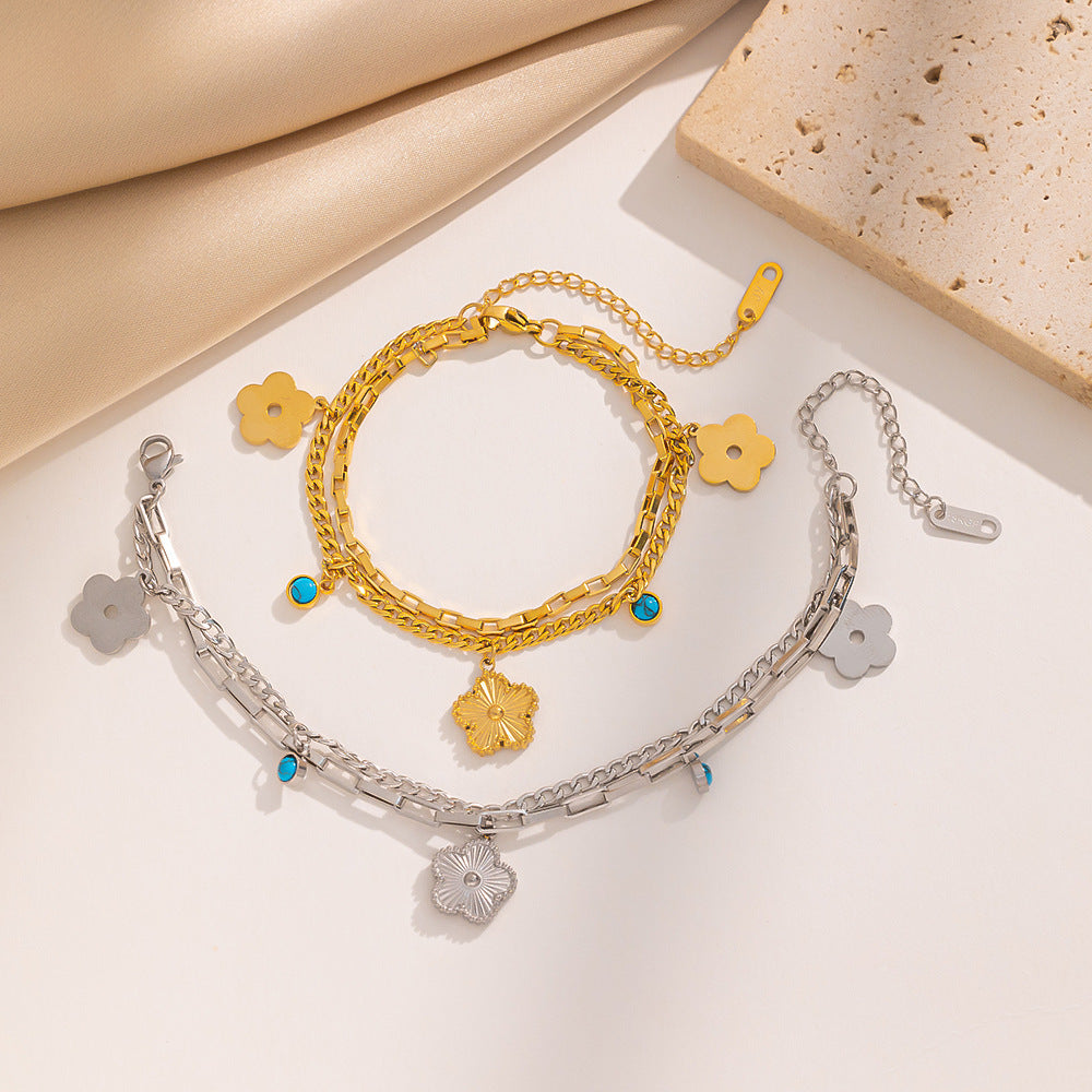 Women's Stainless Steel Gold-plated Laser Twin Five-leaf Bracelets