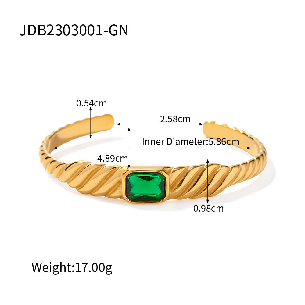 Square Emerald Zircon Rib Open-ended Hand Bracelets