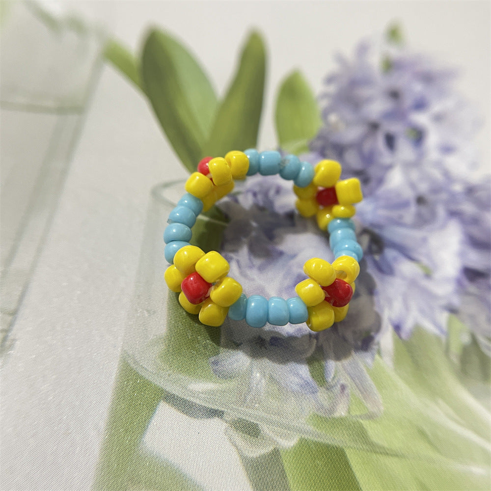 Bead Flower Colorful Woven Small Index Finger Female Rings