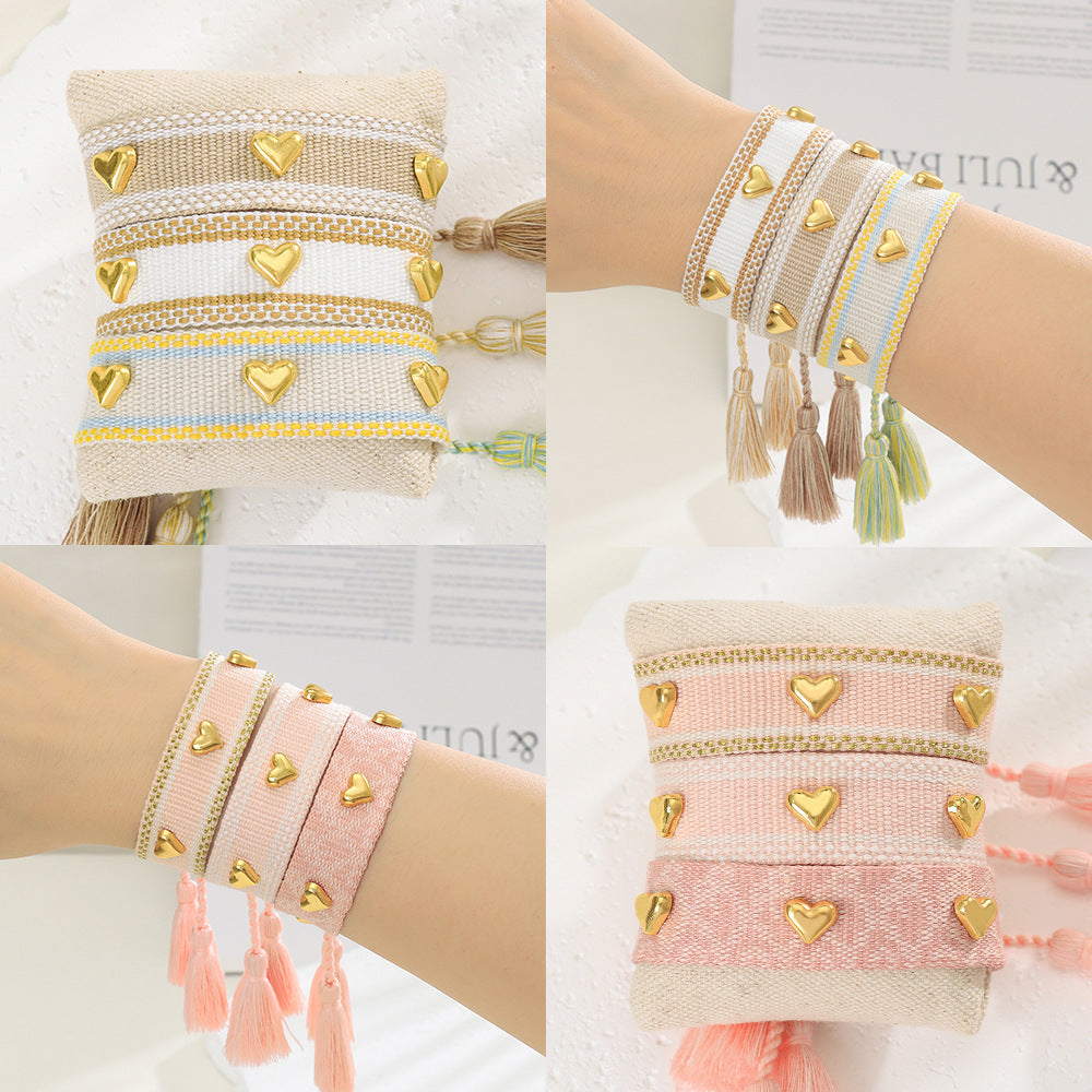 Couple Golden Heart-shaped Carrying Strap Hand-woven Tassel Bracelets