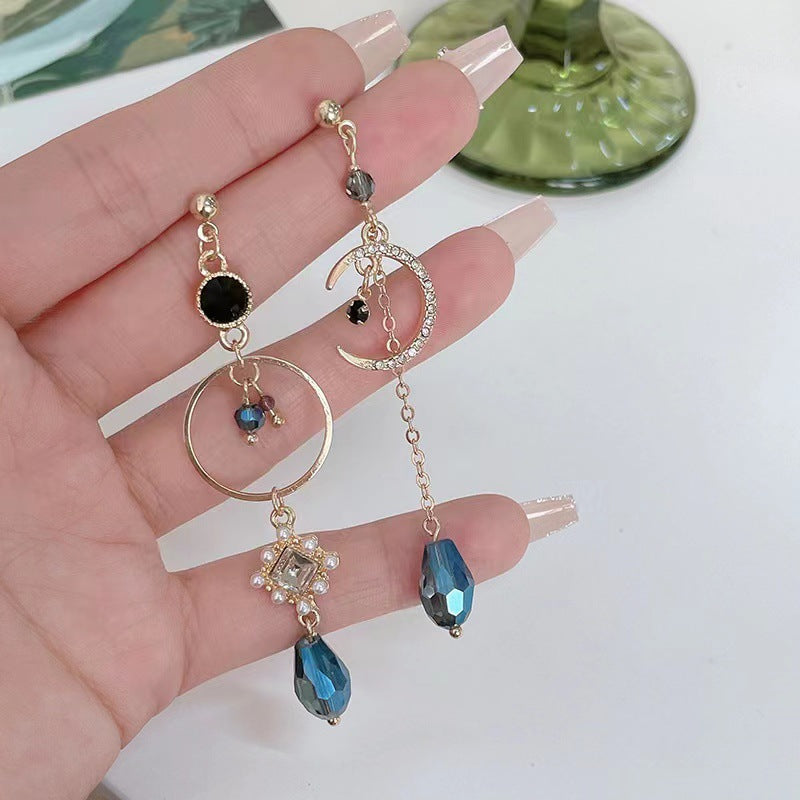Water Drop Moon Blue Shiny Diamond Tassel Rings