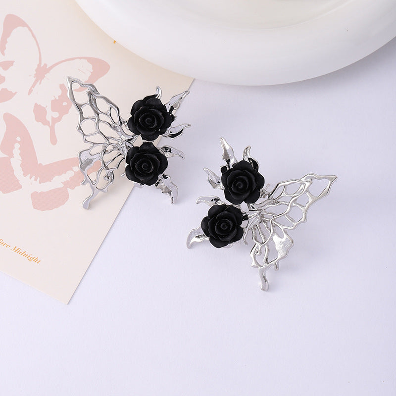 Rose Dark Gothic Hollow Butterfly Metal Earrings