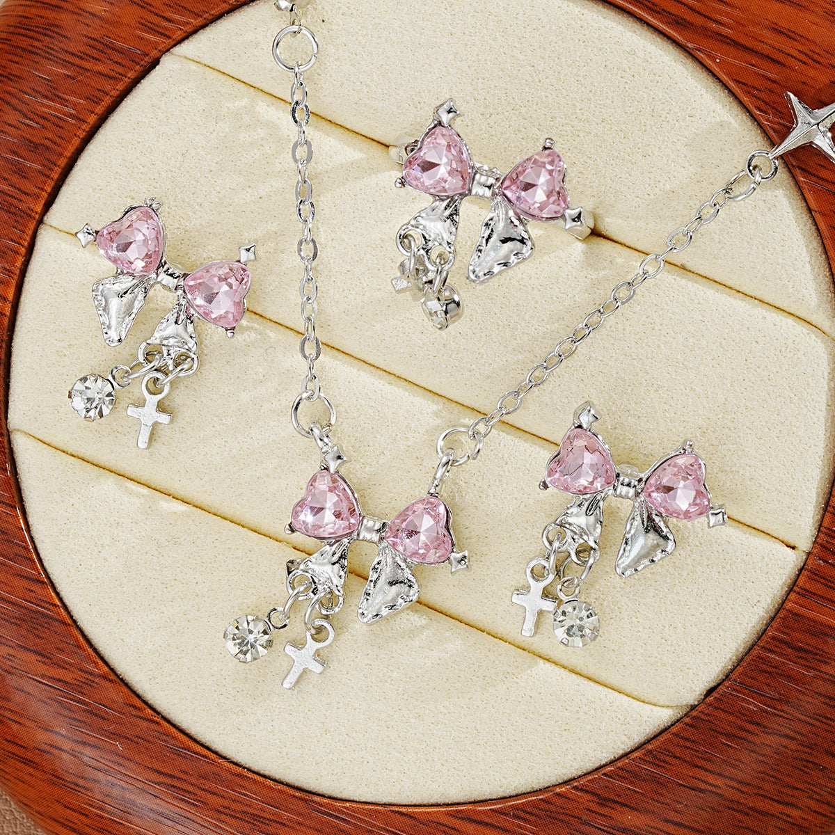 Fresh Sweet Inlaid Zircon Bow Cross Jewelry Set