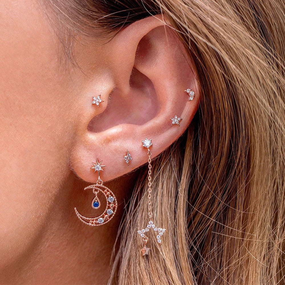 Moon Asymmetric Set Fashion Zircon Earings Rings