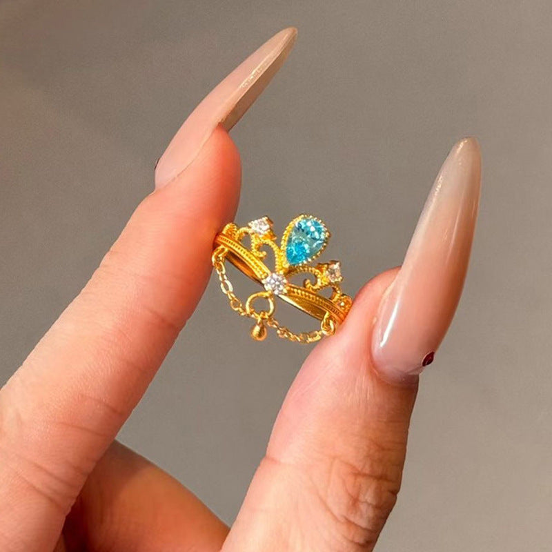 Temperament Crown Female Vintage Court Style Blue Zircon Ring