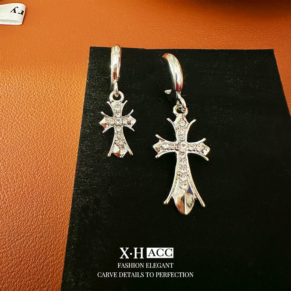 Women's Diamond Metal Asymmetric Cross For Niche Earrings