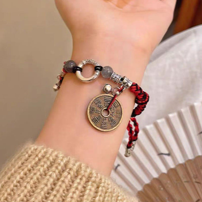 Women's & Men's Strap Five Emperors Coin Hand Weaving Ethnic Bracelet