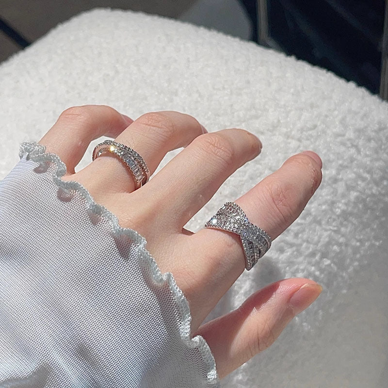 Light Luxury Full Diamond Open Female Cold Wind Geometric Cross Ring