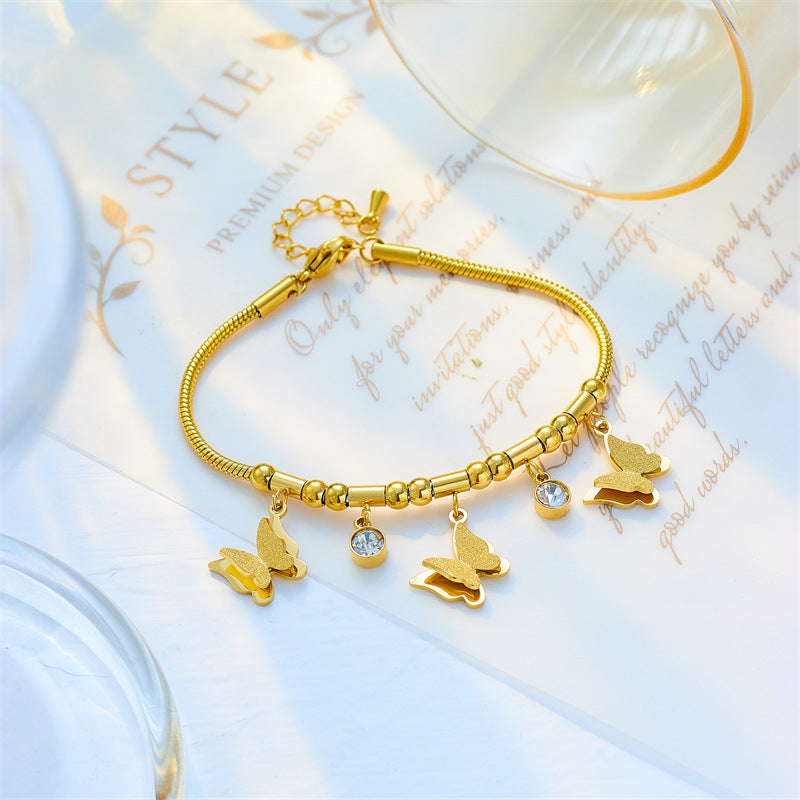 Fashion Elegant Advanced Simple Rhinestone Butterfly Beaded Titanium Bracelets