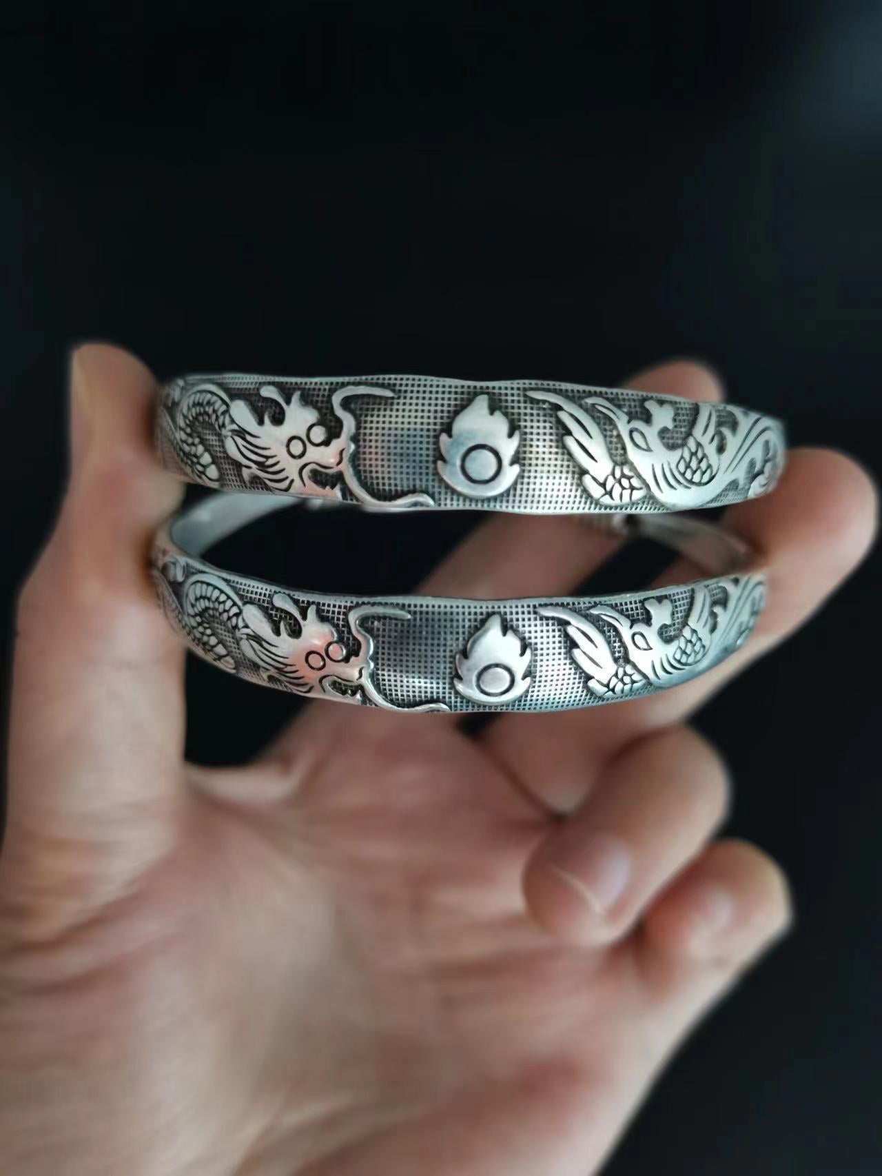 Tibetan Sier Miao Vintage Ethnic Style Fu Lu Shou Plated Bracelet
