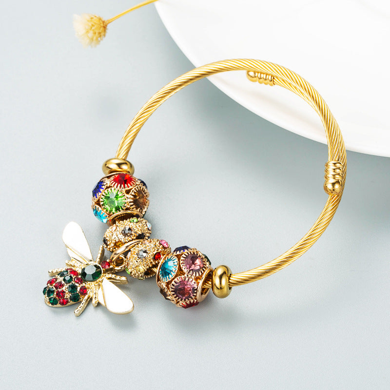 Alloy Gold Adjustable Bee Shiny Rhinestone Ball Bracelets