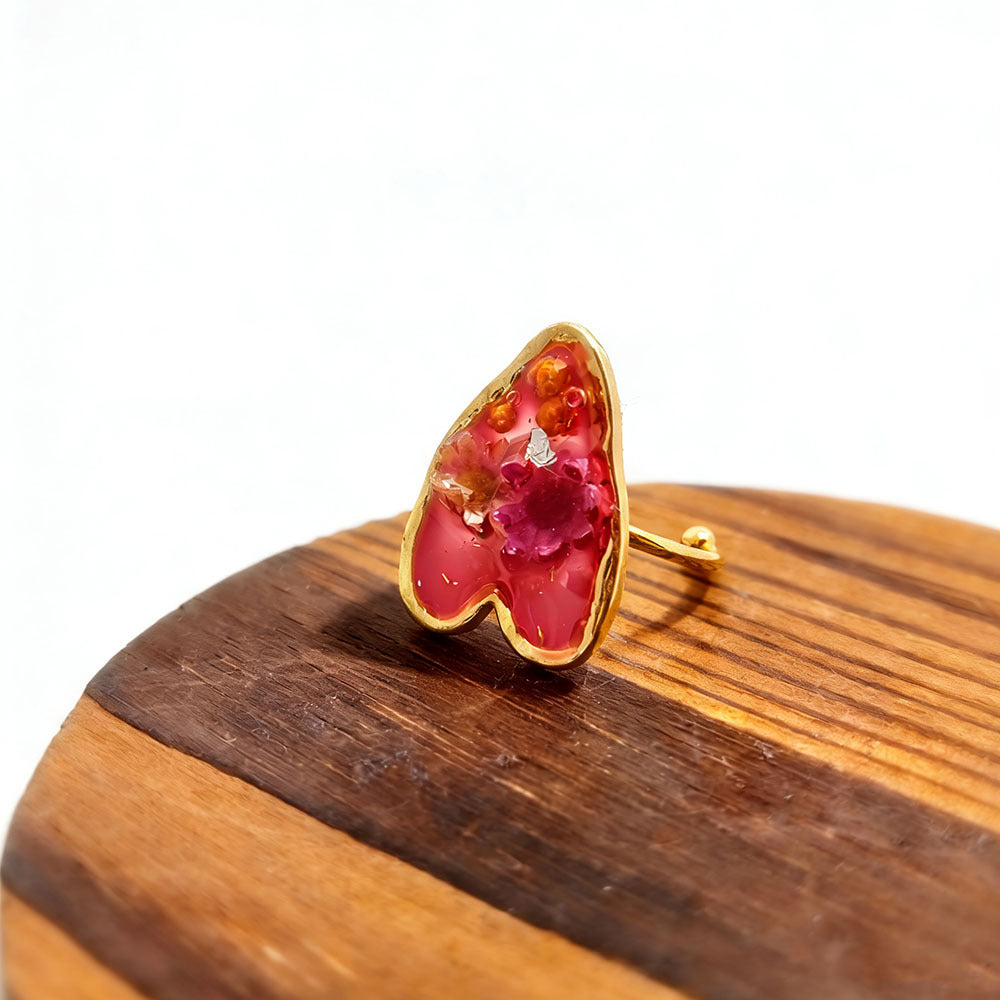 Dried Flowers Gypsophila Peach Heart Square Resin Stainless Steel Open Ring