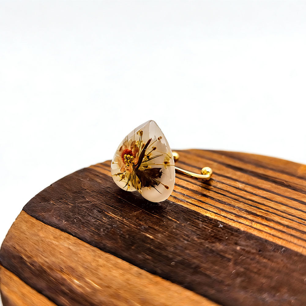Dried Flowers Gypsophila Peach Heart Square Resin Stainless Steel Open Ring