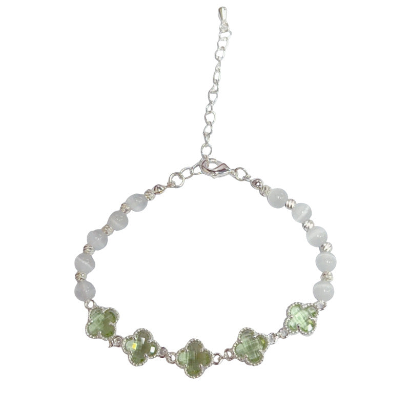 Sier Four-leaf Flower Glass Zircon Opal Temperament Entry Lux Simple Bracelets