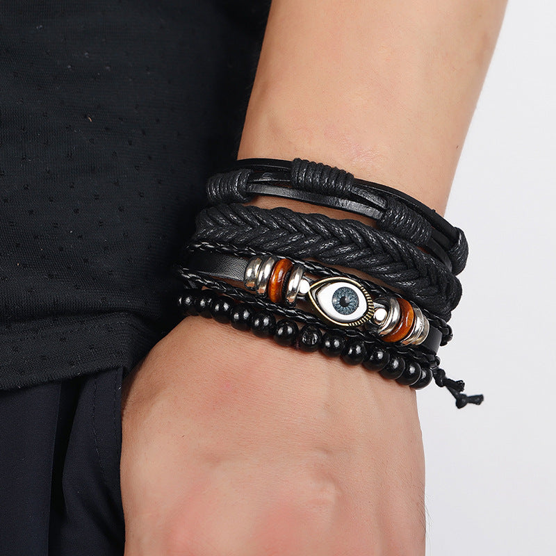 Combination Black Leather Vintage Weave Eye Bracelets