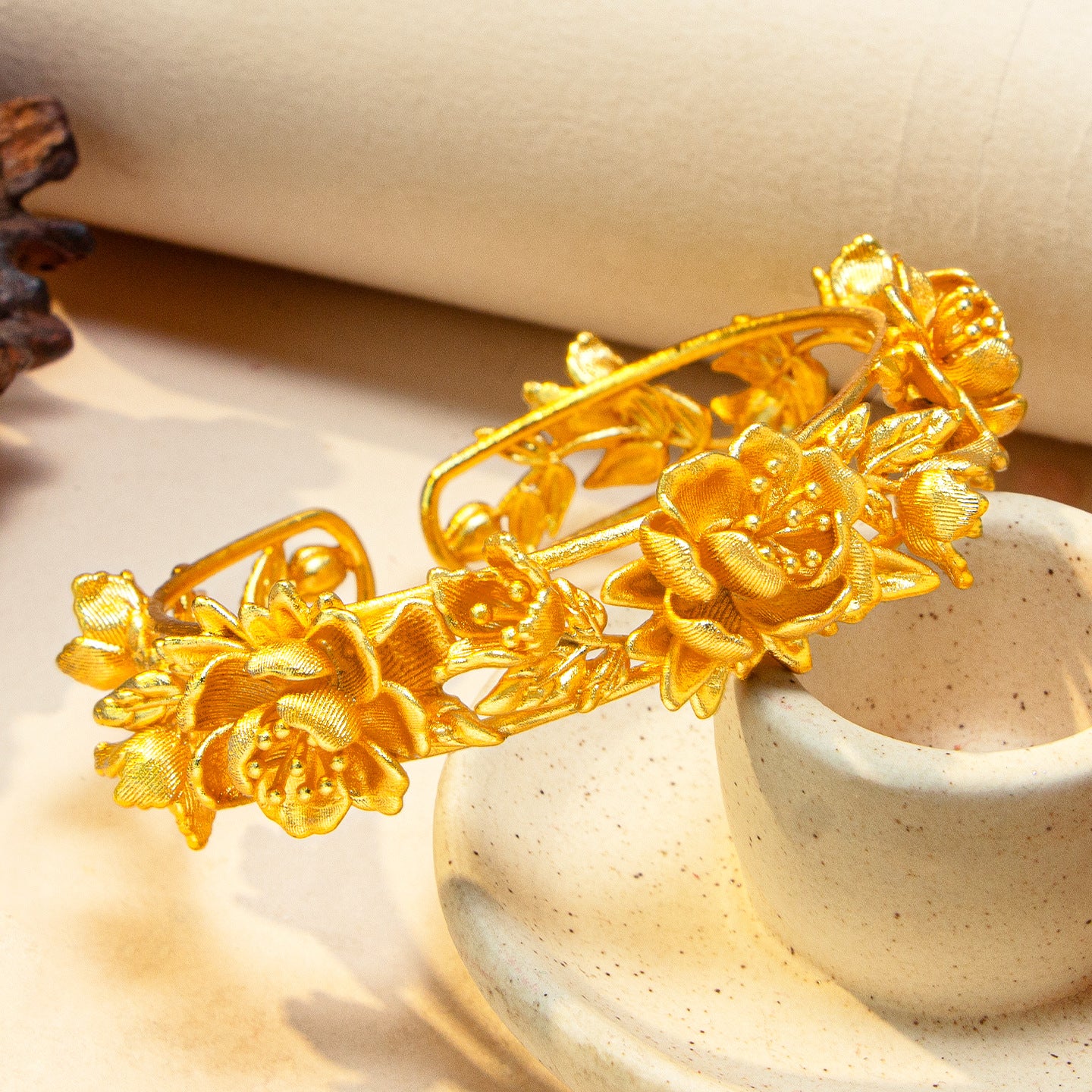 Women's Ancient Style Alluvial Gold Rich Peony Simulation Adjustable Opening Flower Bracelet
