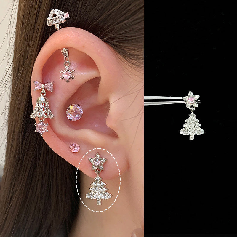 Pink Christmas Devil Ear Bone Snowflake Titanium Stud Earrings
