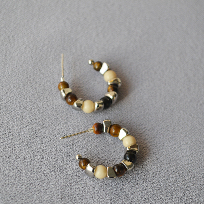 Design Vintage Tigereye Sier Beaded Simple Personality Temperament Ear Rings