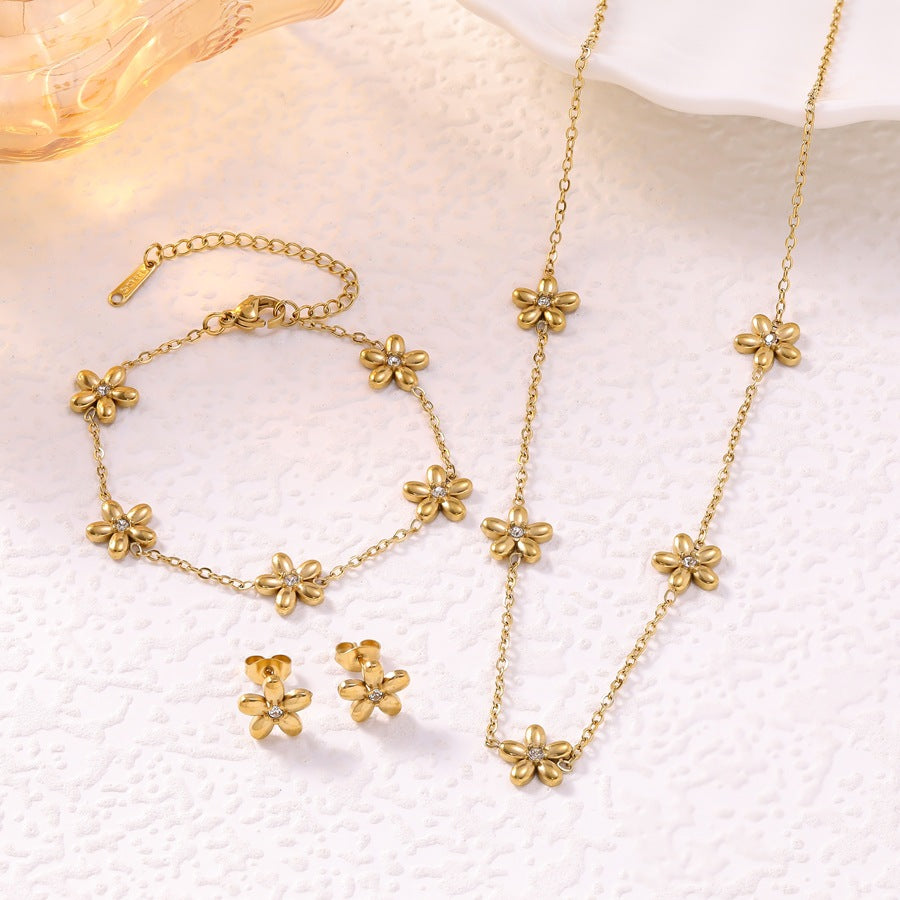 Women's Korean Style Fashion Fresh Flower Zircon Ear Gold-plated Jewelry Set