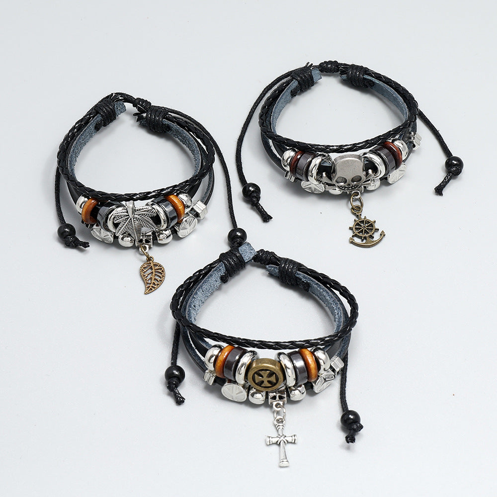 Men's Creative Handmade Beaded Cross Leather Korean Retro Bracelets