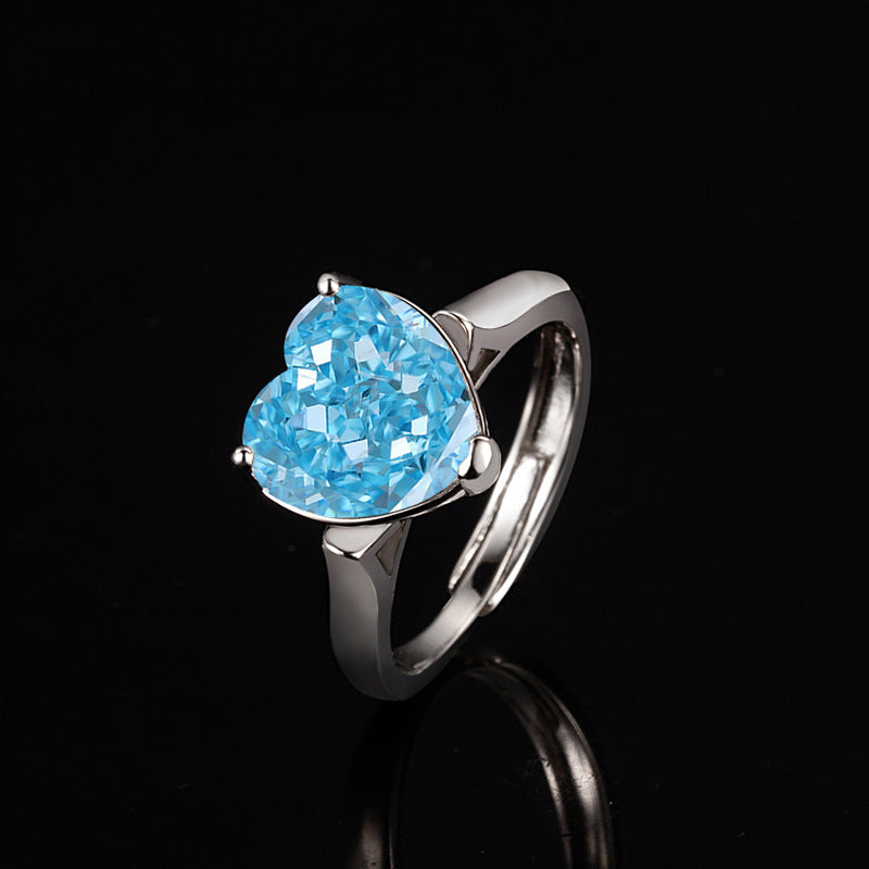 Live Pink Heart-shaped Navy Blue High Carbon Diamond Ice Flower Ring