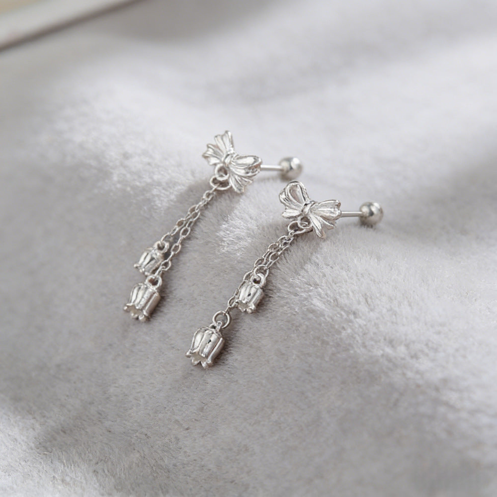 Korean Style Fresh Bow Tassel Design Thread Tightening Stud Earrings