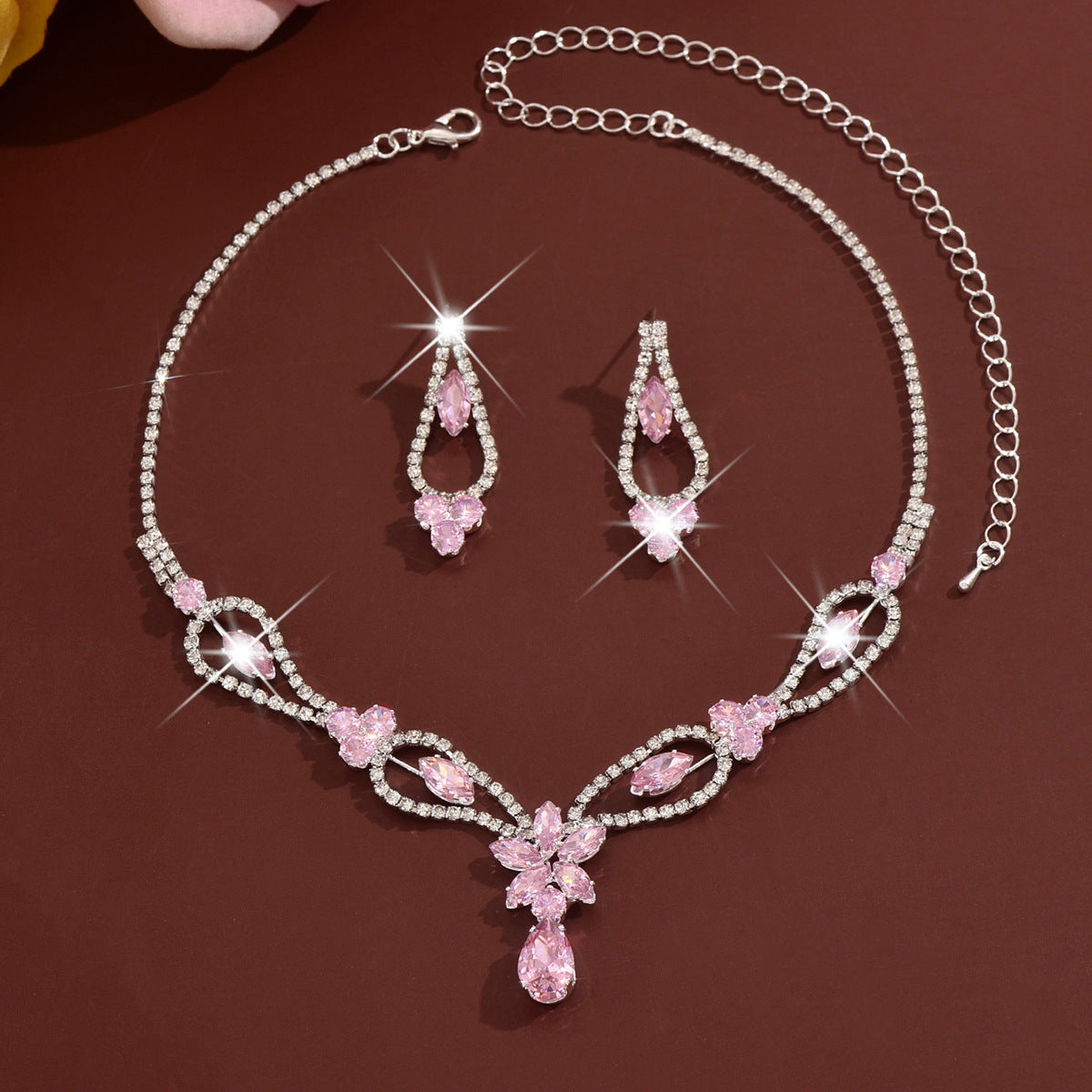 French Sweet Rhinestone Flower Bridal Wedding Fashion High Sense Copper Jewelry Set
